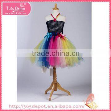 Fairy rainbow color silk material blossom knee skirt fluffy voile girl's dress children frocks designs