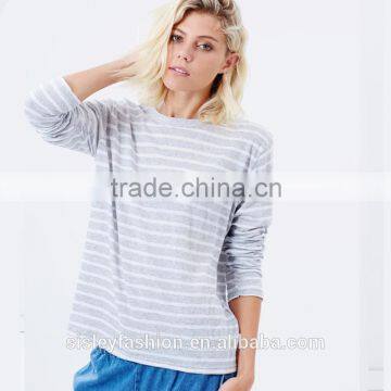 Stripe t shirt design long sleeve 100%cotton for women fashion clothing 2016 hot sale TS031