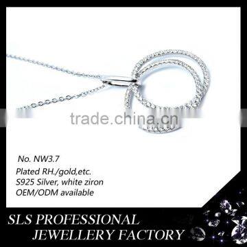 925 italy silver necklace for ladies 2 tones necklace with flashing CZ micro paved double circle necklace