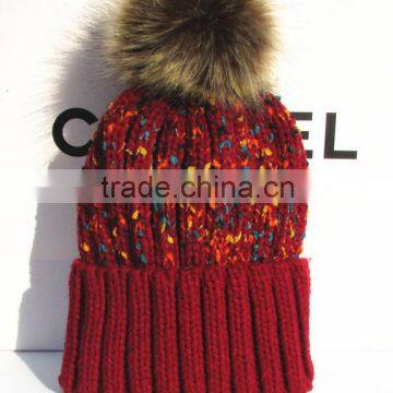 Fashion Korean Coloured Thread Knitting Faux Fur Pom Pom Beanie Hat