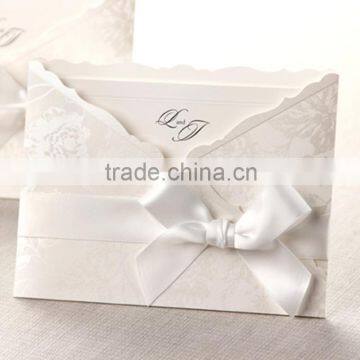 Hot sale elegant & charming white folded floral wedding invitations with white ribbons                        
                                                Quality Choice