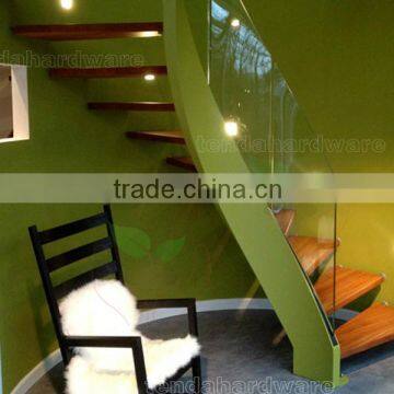 indoor double spine steel structure arc stairs in green stringer with wood tread