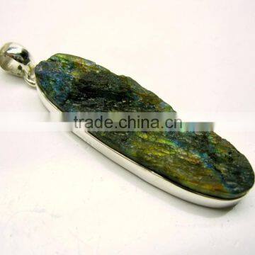 Labradorite Long Oval Druzy Rough Gemstone Pendant, 925 Solid Sterling Silver Pendant, Designer Raw Bezel Pendant