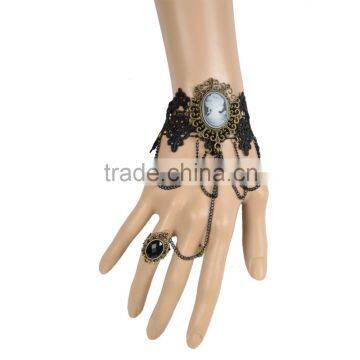 Unique Women Black Lace Bracelet Beauty Bangle Alloy Chain Tassel with Ring