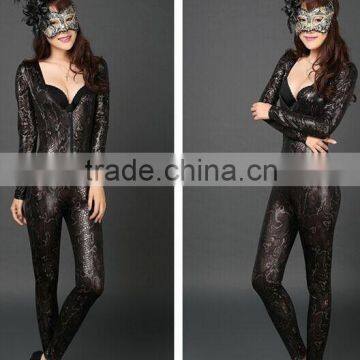 9313 2015 wholesale fashion new pattern european paint bright snake line leather sexy night club romper women performance suit