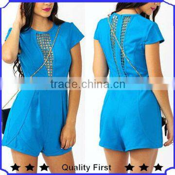 hot sell 100% polyester rompers with plunging latticed ladies top fashion blue color dress pants