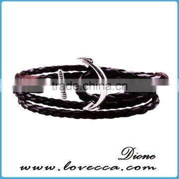 Custom Handmade Mens Genuine Braided Leather Stainless Steel Hook Anchor Bracelet photo-5