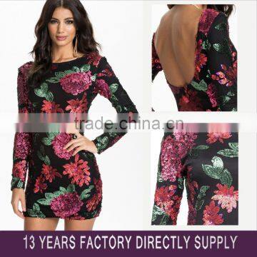 2016 New Fashion Design Red Rose Embroidery Sequin Low Back Sexy Women Fashion Lady Dress