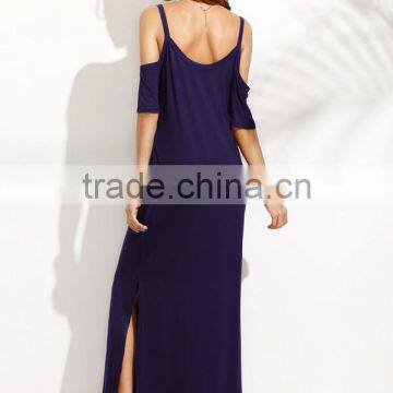 Woman Navy Pocket Cold Shoulder Split Maxi Dress photo-5