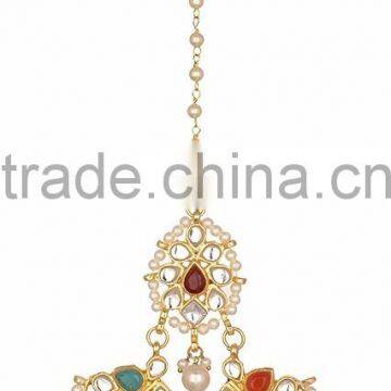 NAVRATAN Kundan Jadau Earring Tikka Gold Plated Chand Bali Set photo-4