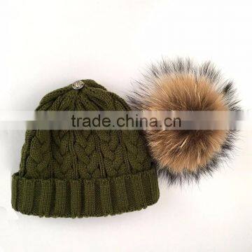 Myfur Khaki Green Wool Knitting Cap and Hat for Adults With Real Raccoon Fur Pom Pom