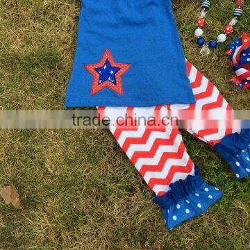 2015 Hot Sell Baby Girls 4th of July Patriotic Capri Sets Ruffle Outfits With Matching Necklace and Neckalce photo-3