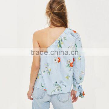 Tie Cuff Modern Lady's One Shoulder Stripe and Floral Poplin Blouse photo-2