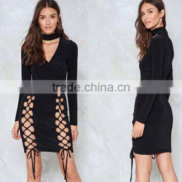 Wholesale Oem custom fashion summer women casual black	lace up dress