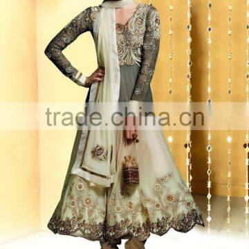 Grey cream shaded with Brown Cream embroidery design border at bottom and at neck Anarkali Designer Semi Stitch Salwar Kameez