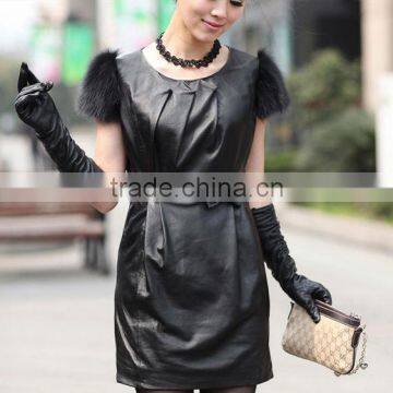 Lady's Fashion Geniune Leather Jacket Vest Long Style With Fox Fur Shoulder Ornament