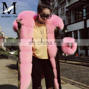 Military Long Sleeve Fashon Real Rabbit Fur Lining Parka Coat Women Real Pink Fur Hood Parka