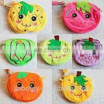 wholesale doll-shape plush coin purse,fruit wallet with handle