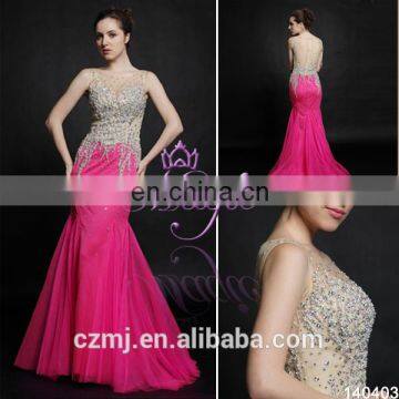 Latest fuchia beaded mermaid evening dress made in China 2015