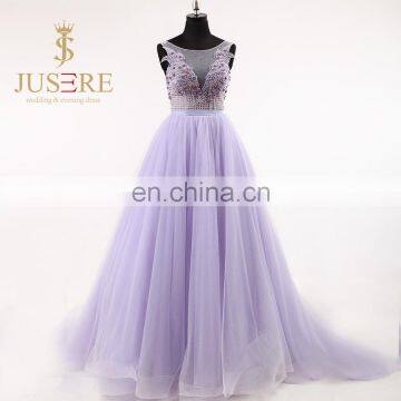 Newest Fashion Floor Length Scoop Sleeveless Sheer Low V Back Tulle Purple Long Evening Dresses 2016