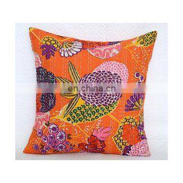 Orange Handmade Embroidery Work Kantha Cushion Pillow Cover Throw Indian floral Printed Home Ethnic Decorative art 16*