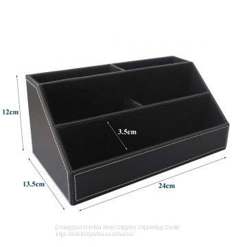 Home Office Wooden Struction Leather Multi-function Desk Stationery Organizer Storage Box, Pen/Pencil,Cell Phone, Business Name Cards, Note Paper, Remote Control Holder (black) photo-2