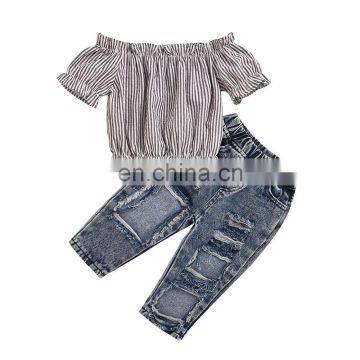 2020 Baby Girls Kids summer clothes set Off Shoulder stripe Tops Ripped Jeans hole Pants 2pcs suit Outfit Clothes 1-6Y