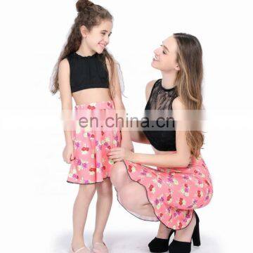 Mother Daughter Matching Dresses 2pcs Pink Floral Skirt Black Lace Top Women Clothing Summer Set photo-3