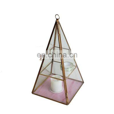 Europe United States Retro Copper Glass Floor Candle Holder Copper Pyramid Box Glass Taper Candle Holder