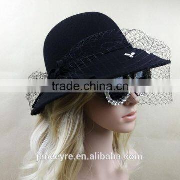 Hot Sale Women's Wide Brim Wool Felt Hats With Veil Fascinator photo-2
