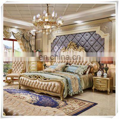 European Royal Solid wood bedroom bed Antique design leather double bed