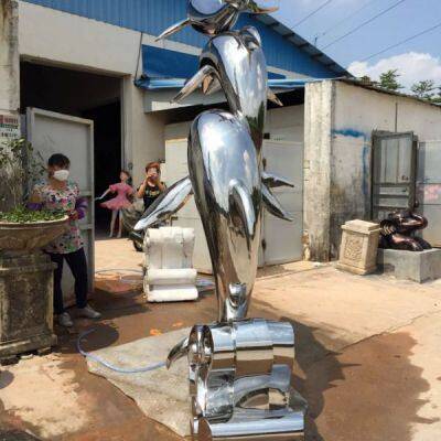 Customized Outdoor Square Large Sculpture, Stainless Steel Handicraft, Metal Dolphin Sculpture photo-4
