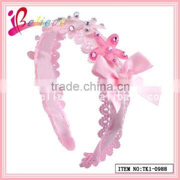 Chinese supplier factory wholesale handmade ribbon bow pink hairband with rhinestone (TK1-0988)