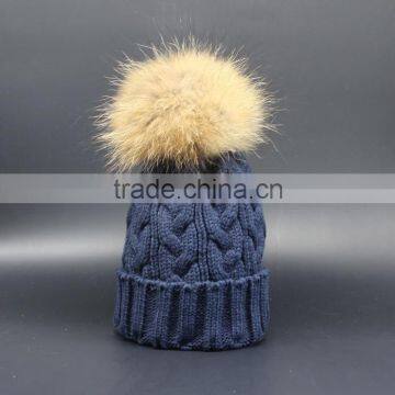 Hot Popular Real Raccon Fur Pompom Women Kintted Winter Wool Caps And Hats
