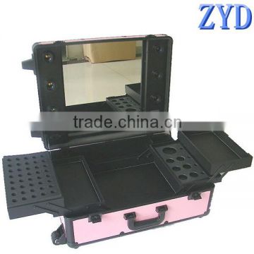 Lighting beauty case with stand aluminum trolley cosmetic lamp case pink makeup case with light