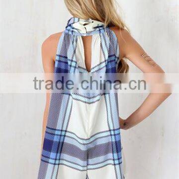 2015 Blue Cheque Playsuit Jumpsuit Shorts Adult Short Jumpsuit photo-4