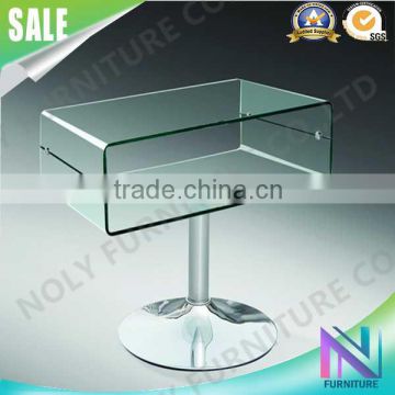 rotate furniture hot selling CT127 storage bent glass corner table with steel base