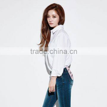 Women's Basic Design Cotton Long Sleeve Boy-Friend Style Shirt Blouse Solid White photo-2