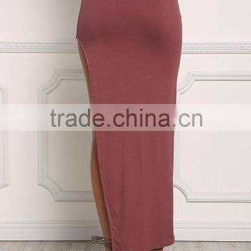 Wine Jersey Knit High Slit Maxi Latest Skirt Design Pictures