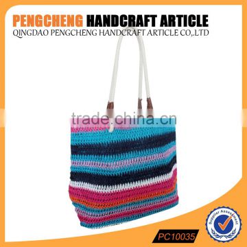 Colorful rainbow color stripe beach bag cotton handle with paper straw material handbag