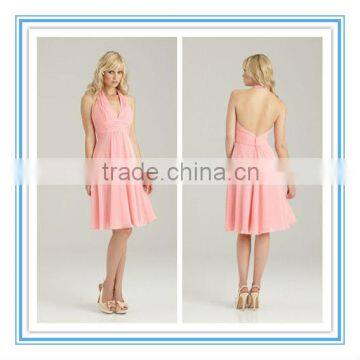 Knee-Length Halter Top Plunging Neckline Ruched Chiffon Baby Pink Bridesmaid Dress( BDAL-4022)