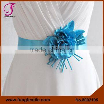 FUNG 8002195 Wholesales Stock Satin Wedding Belt Blue Sashes, Floral Blue Sash For Wedding dress