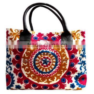 RTHHB-33 Handmade Designer Elegant Look Suzani Embroidery Cute Present For Loved Ones Leather Tote Handbags India Manufacturers