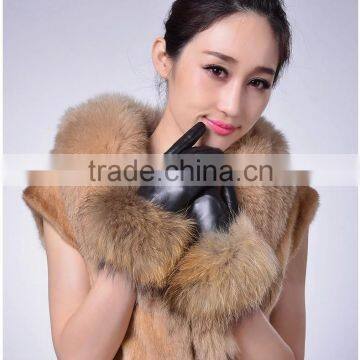 Women's Lambskin Leather Gloves with Plush Raccoon Fur Trim Super Warm