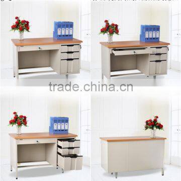 Steel desk with wooden top and three drawer