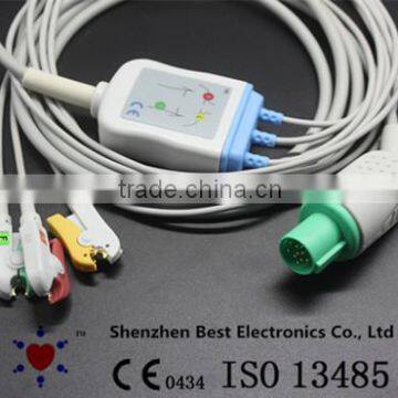 GE Hellige ECG Cable and Leadwires with 3 Leads, IEC with Grabber, 10pin