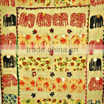 Elephant Patchwork Hand Applique work kantha Quilt Throw Kid's Bed cover bedspread Tapestry