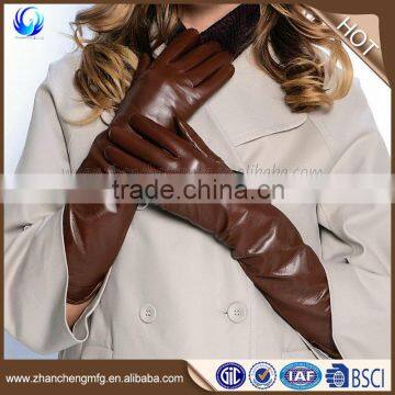 Ladies hot sale wool lined brown sheepskin long leather gloves touch screen