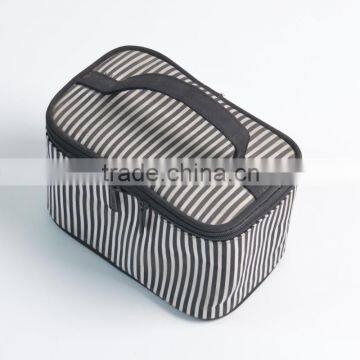 Polyester Toiletry Organizer Bag White Strips Print Travel Cosmetic Bag With Mirror Inside