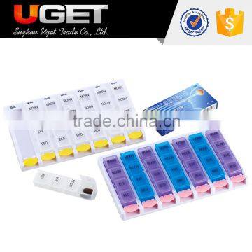 Push button child resistant weekly pill box